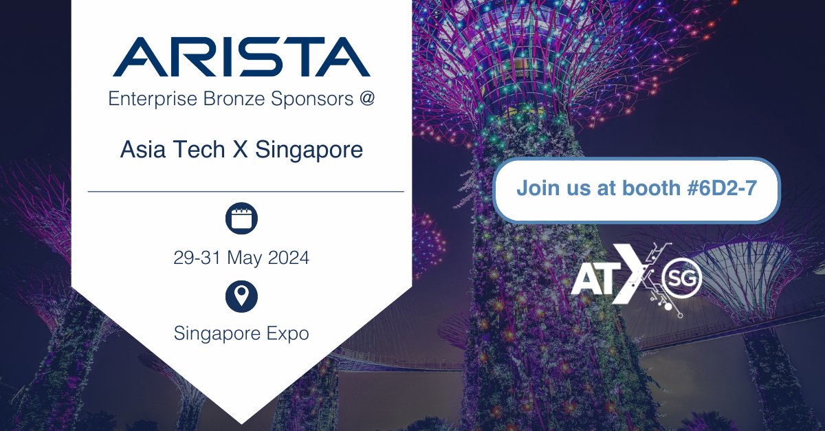 We are delighted to be attending the Asia Tech X Singapore this month! Join us at our booth to find out how Arista software provides orchestration, visibility, monitoring and security. Schedule a meeting now: bit.ly/3yi5D6m