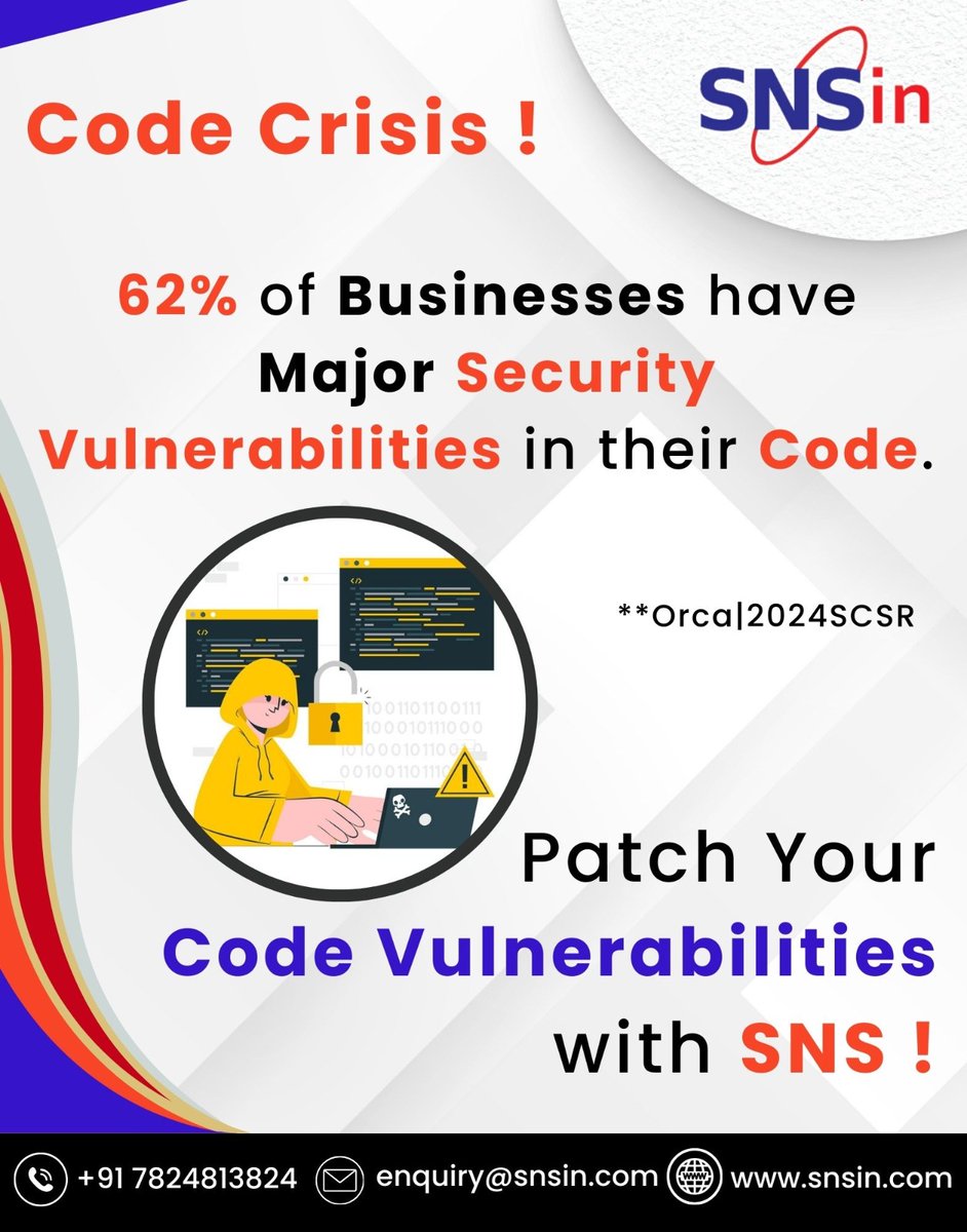 SolutionsSecure's tweet image. Code Crisis ! 

62% of Businesses have Major Security  Vulnerabilities in their Code.

Patch Your Code Vulnerabilities with SNS !

Contact SNS : +91 7824813824 | enquiry@snsin.com | snsin.com

#CodeCrisis #CodeSecurity #PatchYourCode #SNS #CyberSecurity