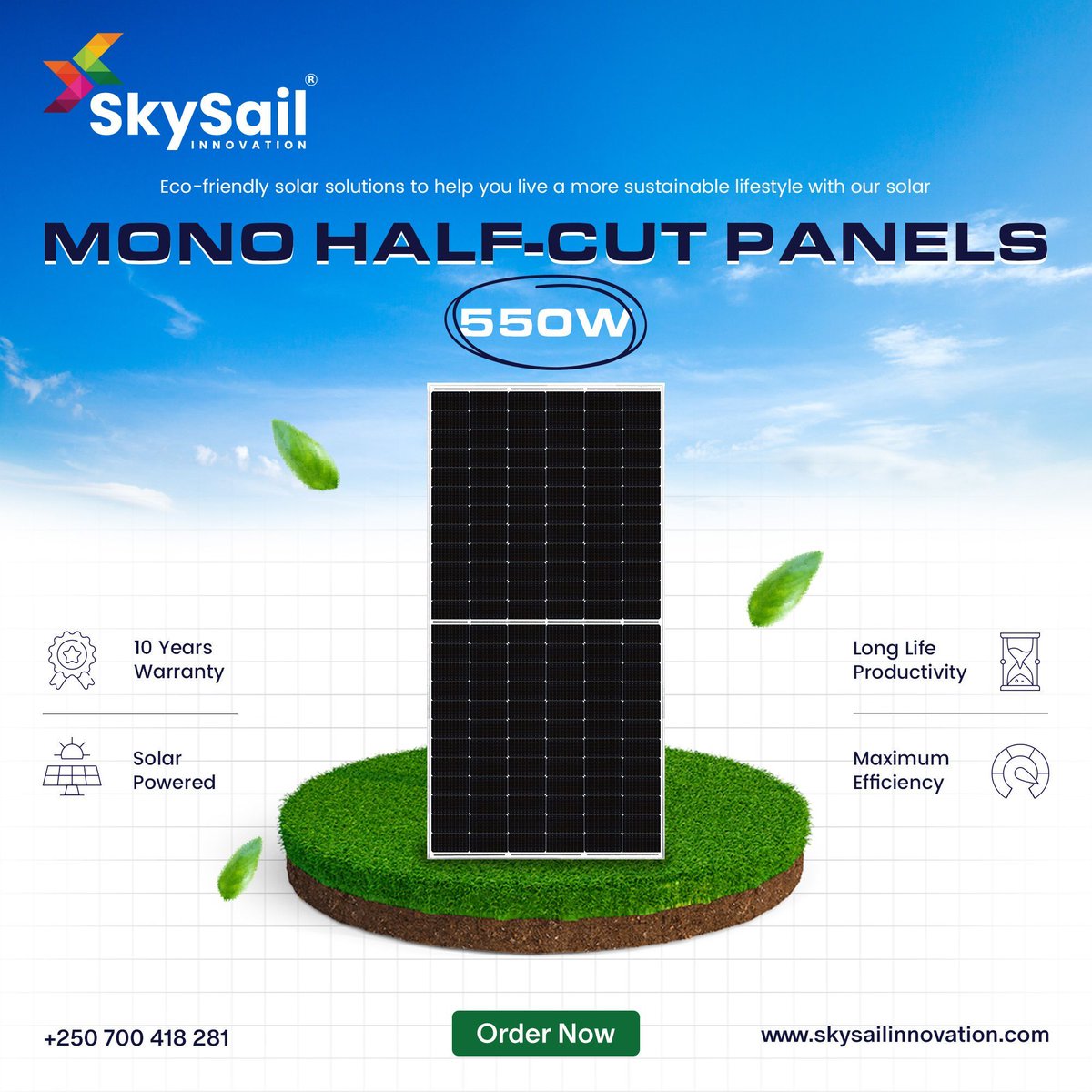 Embrace a sustainable lifestyle with our eco-friendly Solar Solution! 🌿 Our Solar Mono Half-Cut Panels, boasting 550W, are here to power your journey towards a greener future. Join the movement towards renewable energy today! #SkySailInnovation #SolarPower #SustainableLiving