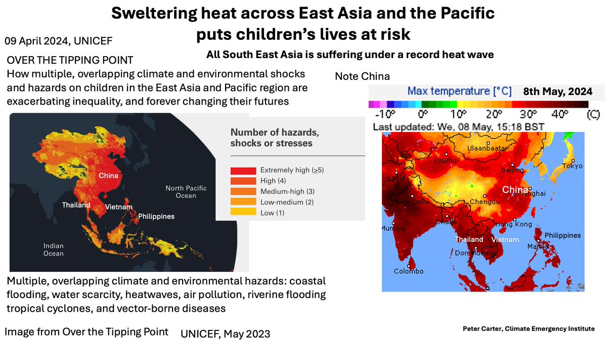 S. EAST ASIA MOST CLIMATE CHANGE VULNERABLE All S. East Asia is suffering from a prolonged extreme heat wave. UNICEF report climate how change vulnerable its 666 million people are, especially children. Note China unicef.org/eap/press-rele… #heatwave #climatechange #globalwarming