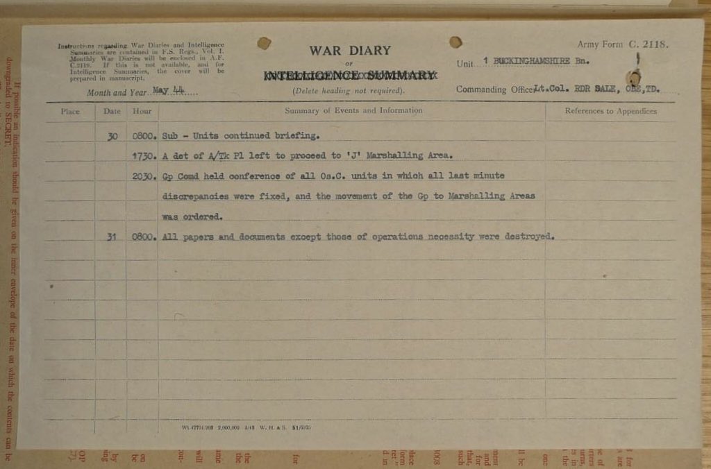 May 1944 with 1st Buckinghamshire Battalion, The Oxfordshire and Buckinghamshire Light Infantry. A massive diary at over 500 various pages but not much in May-I guess they were busy getting ready to be busy.