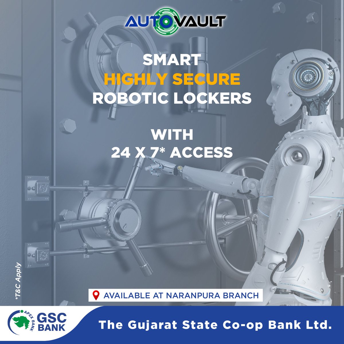 AUTO VAULT- THE SMART HIGHLY SECURE ROBOTIC LOCKERS WITH LARGE
STORAGE SPACES TO INCLUDE ALL YOUR VALUABLES.
AVAILABLE AT NARANPURA BRANCH.
#Autovault #GSCbank #FullyAutomated #AdvancedSecurity #Robotic #AttractiveRent #Safety #Valuables #digitalsafety #Unique #Safedepositvault