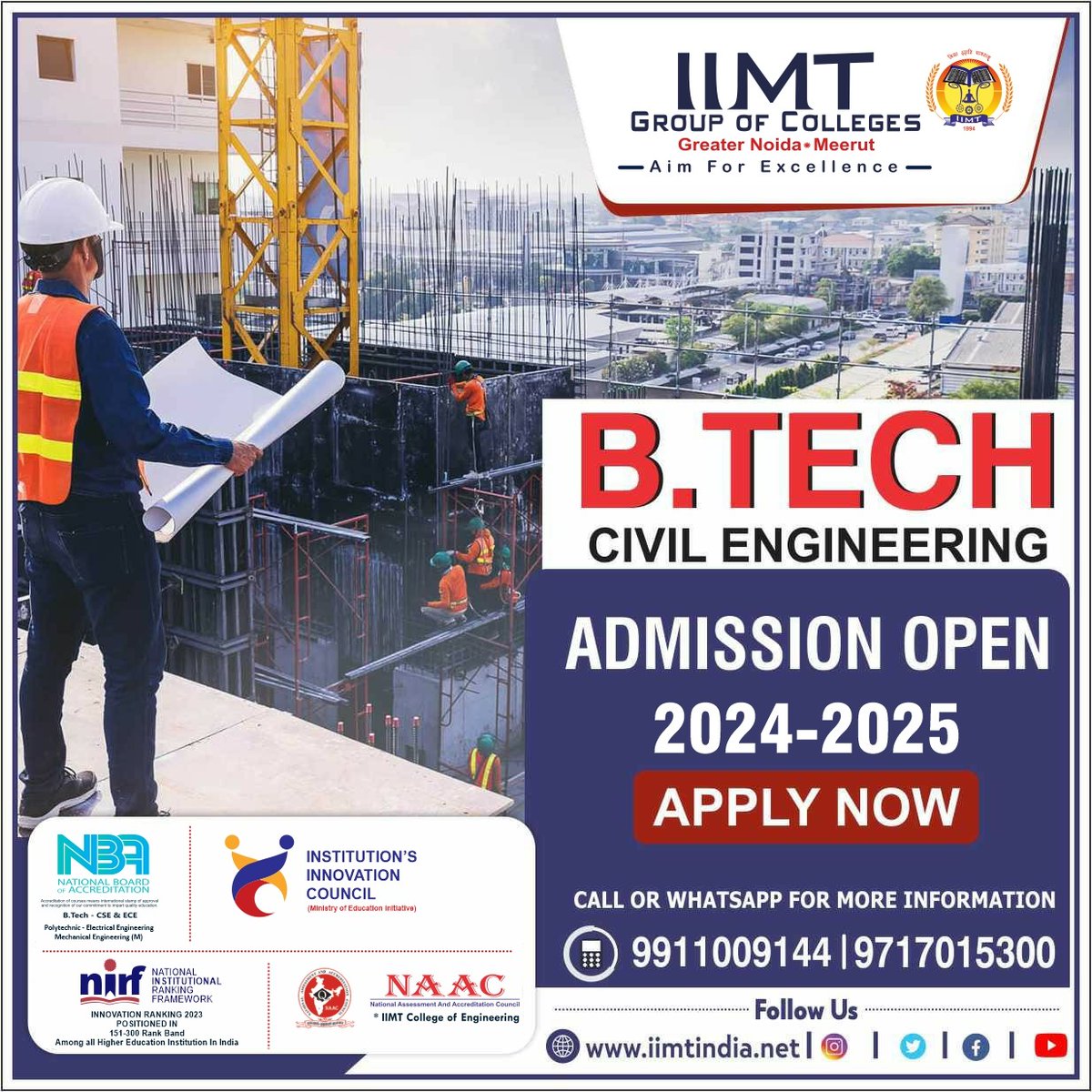 IIMT Group of Colleges, Greater Noida, offers an advantageous and skill-oriented acedemic program in 'B.Tech. Civil Engineering. Admission is open for the 2024–25 session. . iimtindia.net Call Us: 9520886860 . #IIMTIndia #IIMTNoida #IIMTGreaterNoida