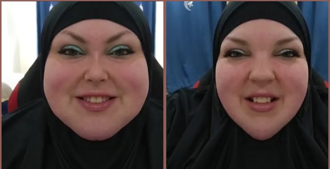 Someone in the subreddit mentioned her face is struggling to be symmetrical.
So I put this together to show how it would look if each side was symmetrical.... 
There is a bit of a diff..  

#FlapsMcNasty
#FoodieBeauty
#SalahTwerks