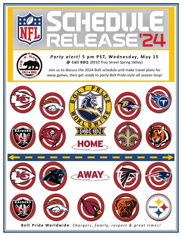 Party alert! 2024 NFL Schedule Release, 5 pm PST, Wednesday, May 15: The extended Bolt family is invited to join us at Cali BBQ (8910 Troy Street, Spring Valley) to discuss the 2024 Bolt schedule and make travel plans for away games. 
#BoltPride 4 life!
#ThunderAlley
#BoltUp