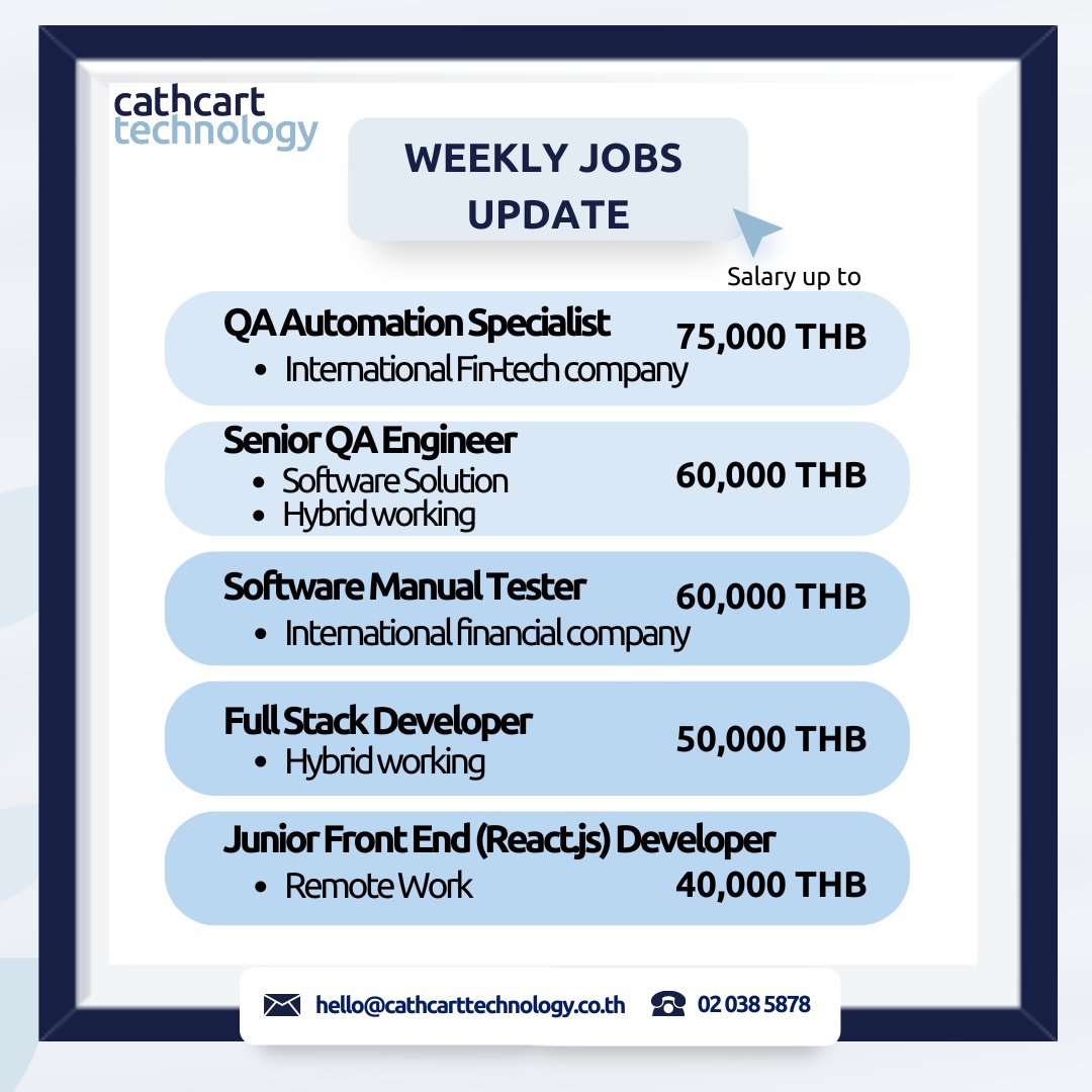 Hot Jobs this week 🔥

สนใจส่งใบสมัครมาได้ที่ : hello@cathcarttechnology.co.th
ติดต่อ : 02 038 5878
ค้นหาตำแหน่งงานไอทีเพิ่มเติม 👉🏻cathcarttechnology.co.th/jobs/

#cathcarttechnology
#career #ITJob #recruiting  #งานไอที #งานประจำ #หางาน #ตำแหน่งงานว่าง #รับสมัครพนักงานไอที #สมัครงาน