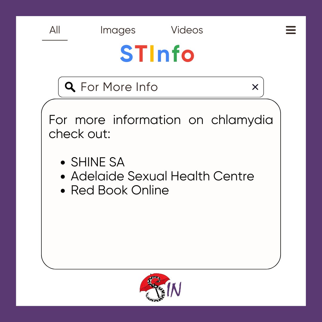 Post 2/2 Chlamydia is easily treatable with antibiotics, but if left untreated, it can cause serious complications like infertility, ectopic pregnancy and chronic pain. It is usually asymptomatic, so regular testing is important. For SA SW's, SIN offers a testing buddy service!