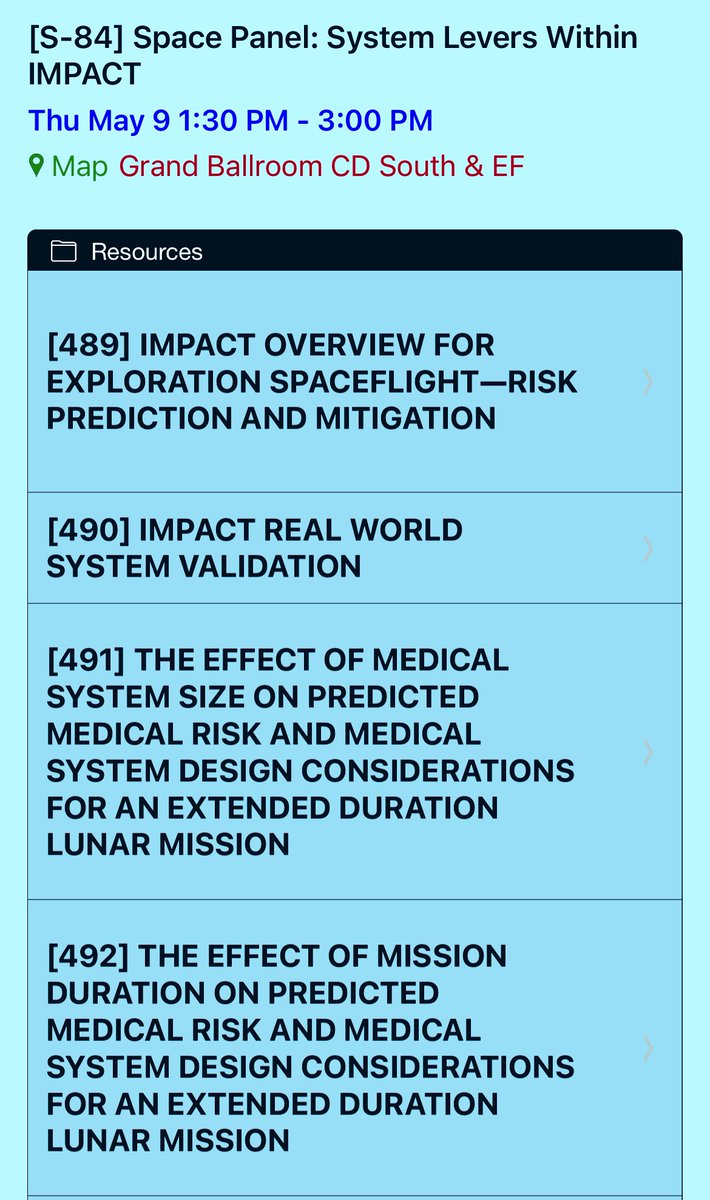 Thursday 1330 hours at #AsMA2024! Detailed information about a new #NASA tool for space exploration medical system design called IMPACT. Evidence-based, using probabilistic risk assessment, and capable of trade space analysis plus optimization.