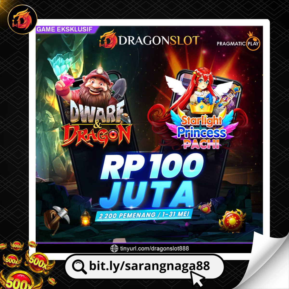 DRAGONSLOT Situs Game Online Terpercaya, Terlengkap, dan Terbaik di Turnamen Starlight Princess Pachi yang berlangsung dari tanggal 01 Mei 2024 s/d 31 Mei 2024 dengan total hadiah Uang Tunai Rp 100 Juta. Untuk 2200 Pemenang. Segera Kunjungi Website : bit.ly/sarangnaga88