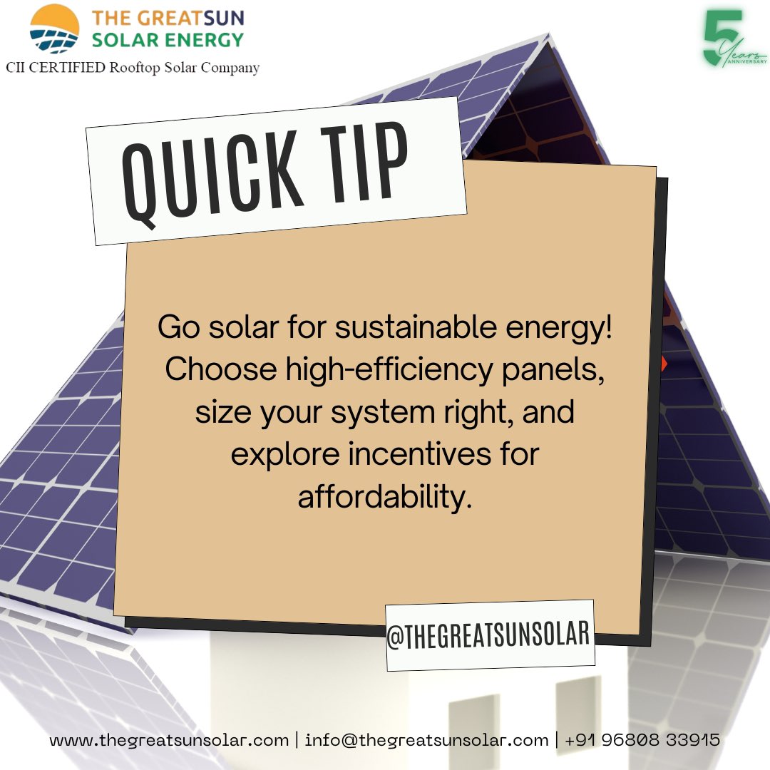 Looking to make your energy footprint greener? Consider solar power solutions from GreatSun Solar! Opt for high-efficiency panels, accurately size your system, and explore incentives to make it affordable. 

#tip #RenewablePower #SolarEnergy #CleanLiving #GreatSunSolar #Greatsun