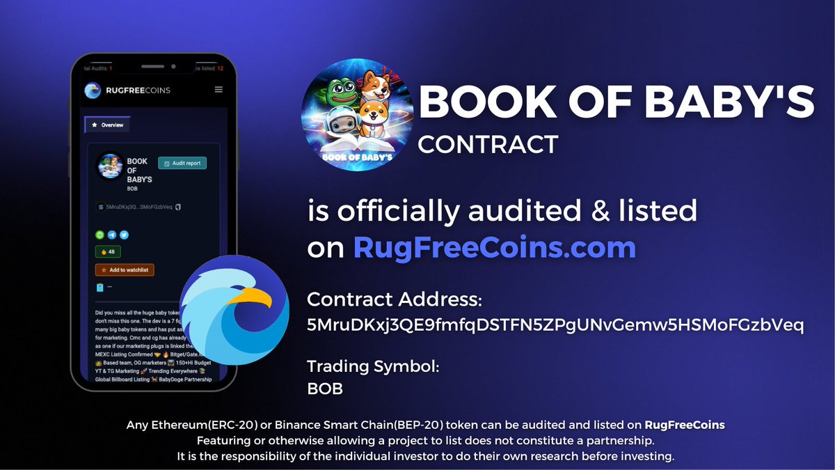 ' @bookofbabys ' has been fully audited and listed on RugFreeCoins. Scored: 9.0/10 rugfreecoins.com/coin-details/2… #Rugfreetokens #Bookofbabys #audit #SOL #web3 #Solana #Crypto