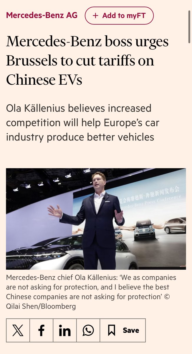 German automobile manufacturers like #VW or #MercedesBenz lobbying Berlin and Brussels against protective tariffs on imported Chinese EVs is like turkeys voting for Christmas 🇩🇪🇨🇳