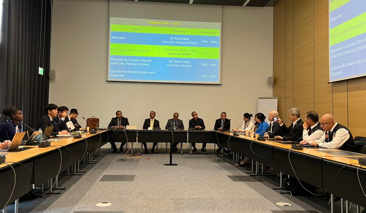 2. An exclusive session for UN OCHA & INSARAG components from global regions was organised, in coordination with Pak Permanent Mission in Geneva, where Cn NDMA gave detailed exposition of National Emergencies Operation Center (NEOC),exceptionally acclaimed by all representatives.