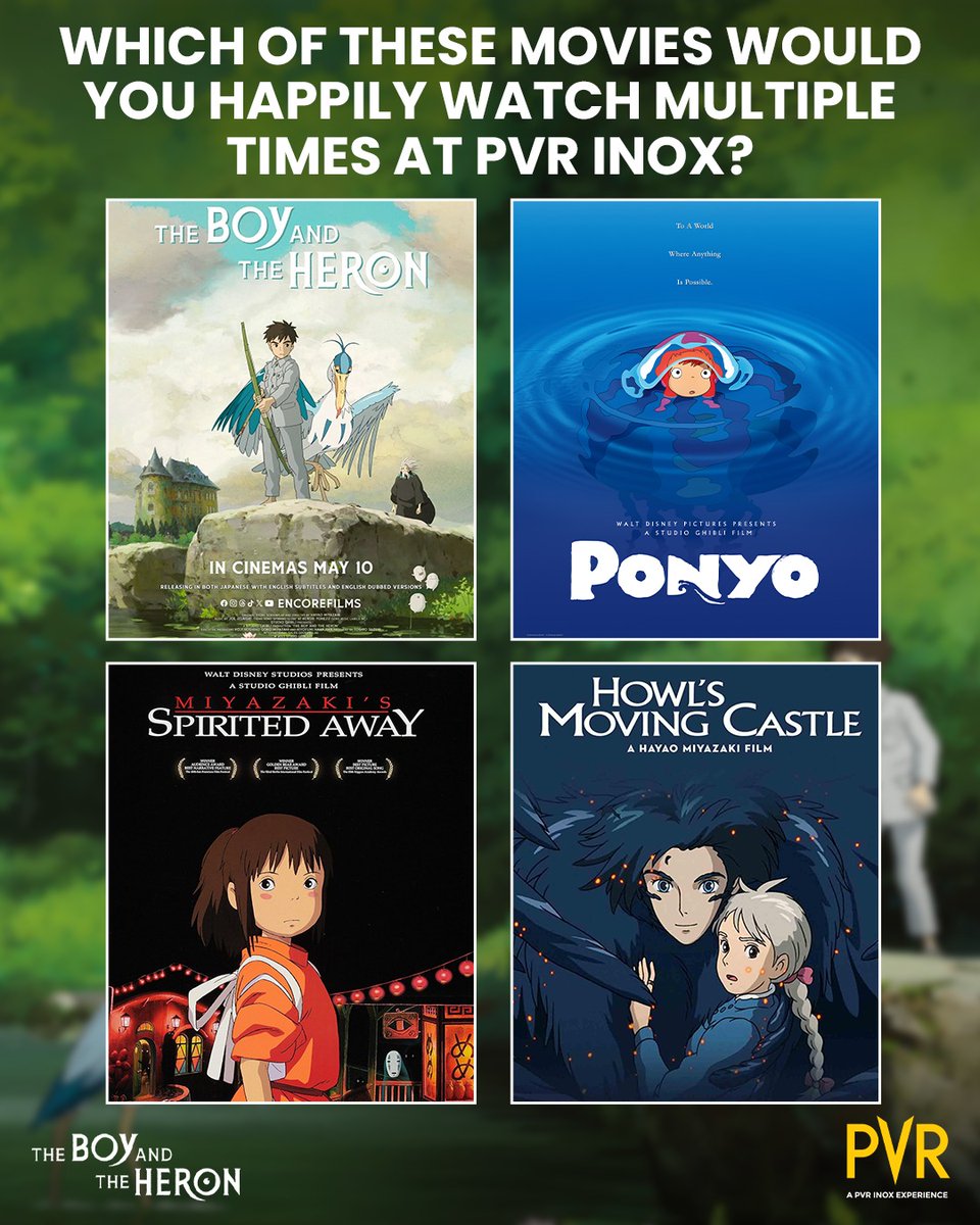 Ready to dive into anime paradise? Let us know which of these blockbuster flicks is worth a repeat watch at PVR INOX.

#TheBoyAndTheHeron is releasing at PVR INOX on May 10!
.
.
.
#RobertPattinson #AnimeMovie #Anime #SpiritedAway #Ponyo #HowlsMovingCastle