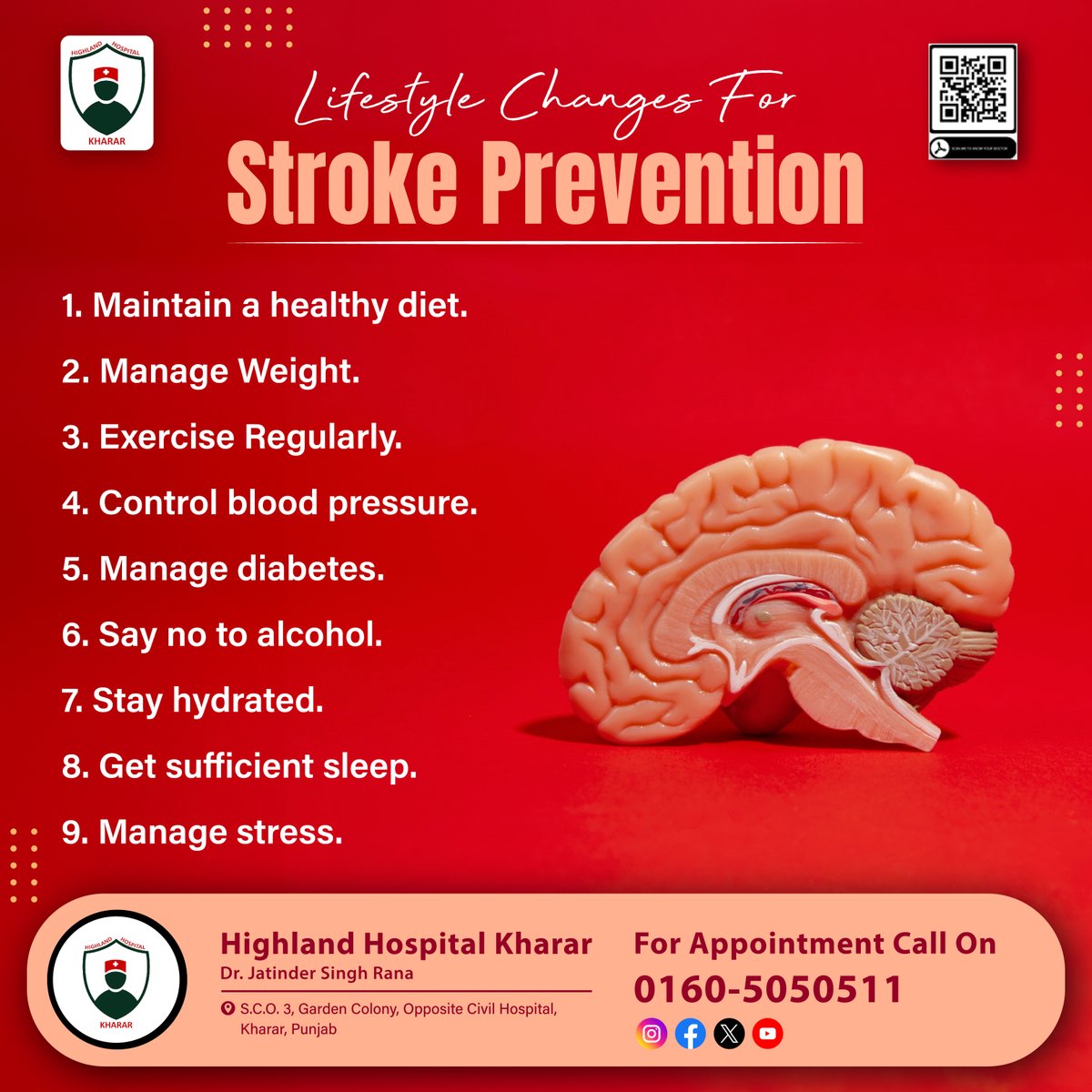 Small changes, big impact! Discover how simple #lifestylechanges can be your shield against #stroke. With #HighlandHospitalKharar, let's pledge to live #healthier and happier. Because prevention is better than cure!
.
#health #india #Kharar #Mohali #DrJatinderSingh #Besthospital