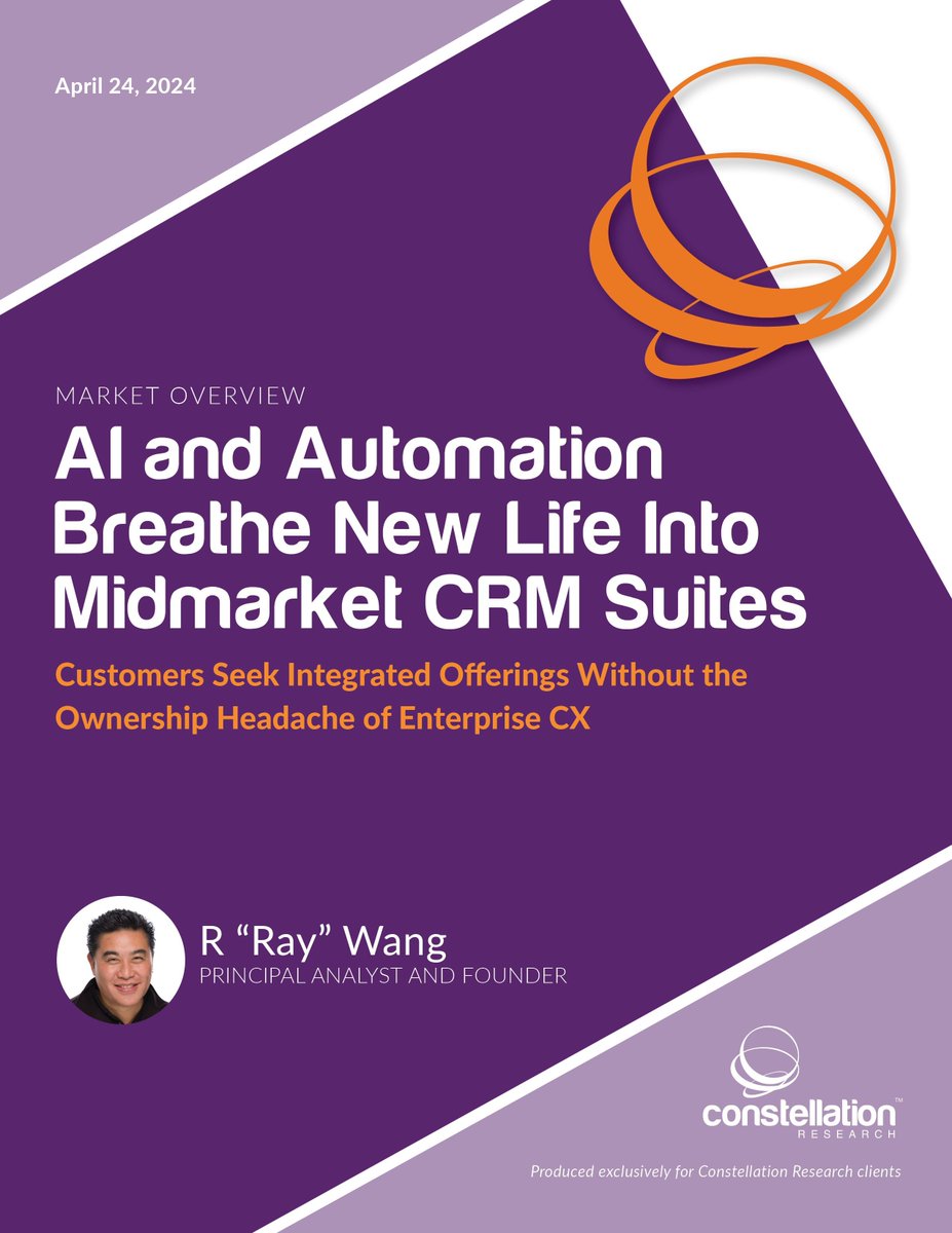 AI and Automation Breathe New Life Into Midmarket CRM Suites bit.ly/3UeSZN4 .@ConstellationR believes that CX leaders should follow seven recommendations that help organizations identify the right technology solution for their business needs – read the latest by @rwang0