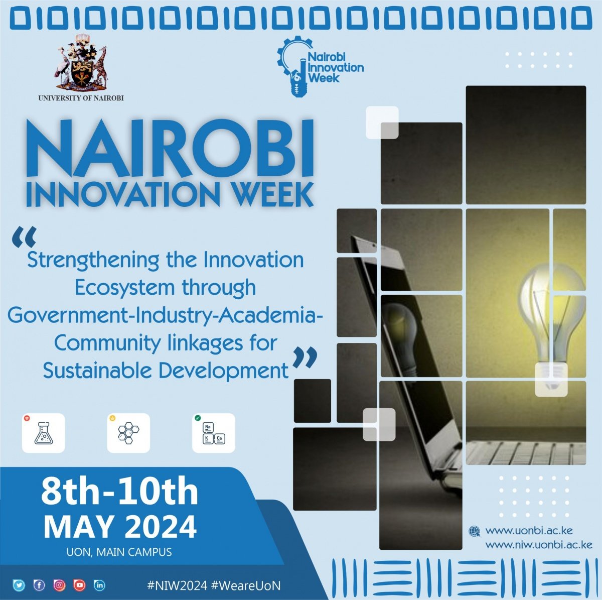 Welcome to Day 2 of Nairobi Innovation Week. Join us for panel discussions, exhibition visits & NIW hackathon where innovators are ready to showcase their cutting edge innovations in different fields. #NIW2024 #weareuon Venue: UoN Main Campus niw.uonbi.ac.ke