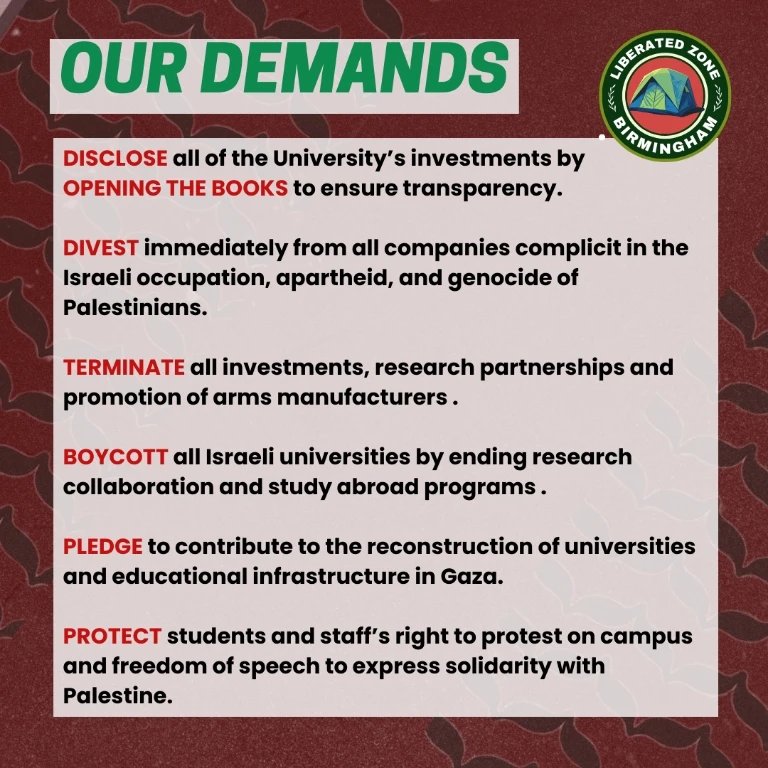 University of Birmingham Encampment Coalition for Palestine has launched! As the situation in Gaza escalates, so too does the global student movement towards establishing lasting peace and liberating Palestine ✊️🇵🇸