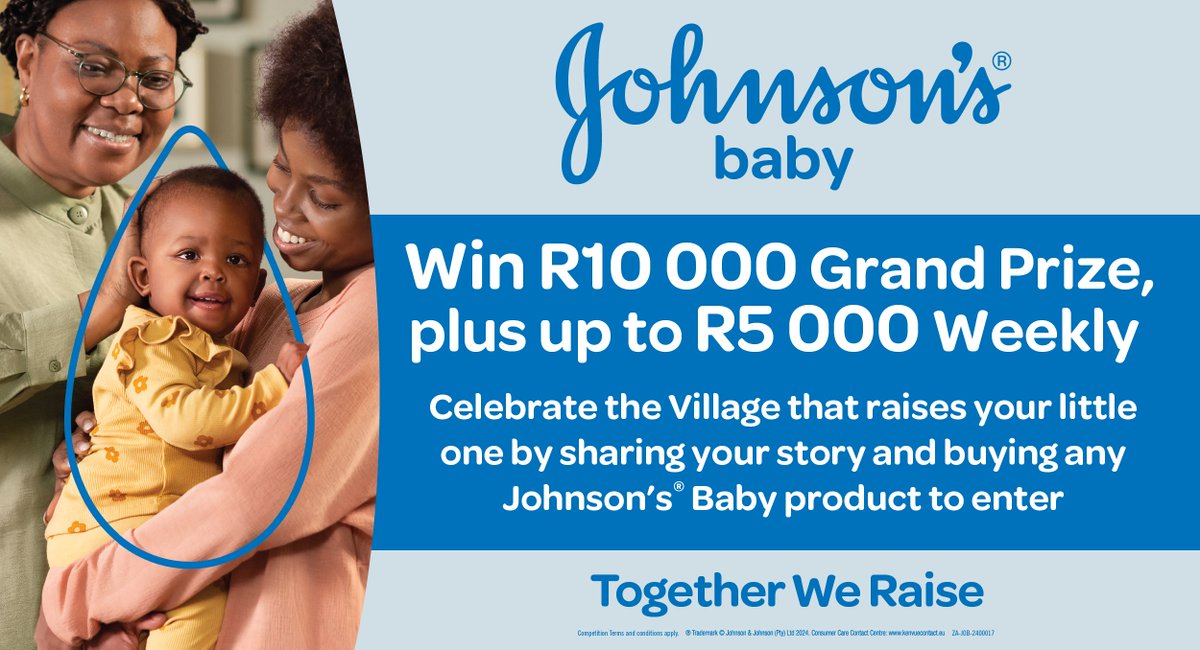It takes a village to raise a child. Stand a chance to WIN R5,000 with Johnson's Baby PLUS a grand prize of R10,000. WhatsApp to 0614947947: Tell us about your baby-raising tribe Photo of your favourite Johnson's Baby product #JohnsonsBaby #TogetherWeRaise