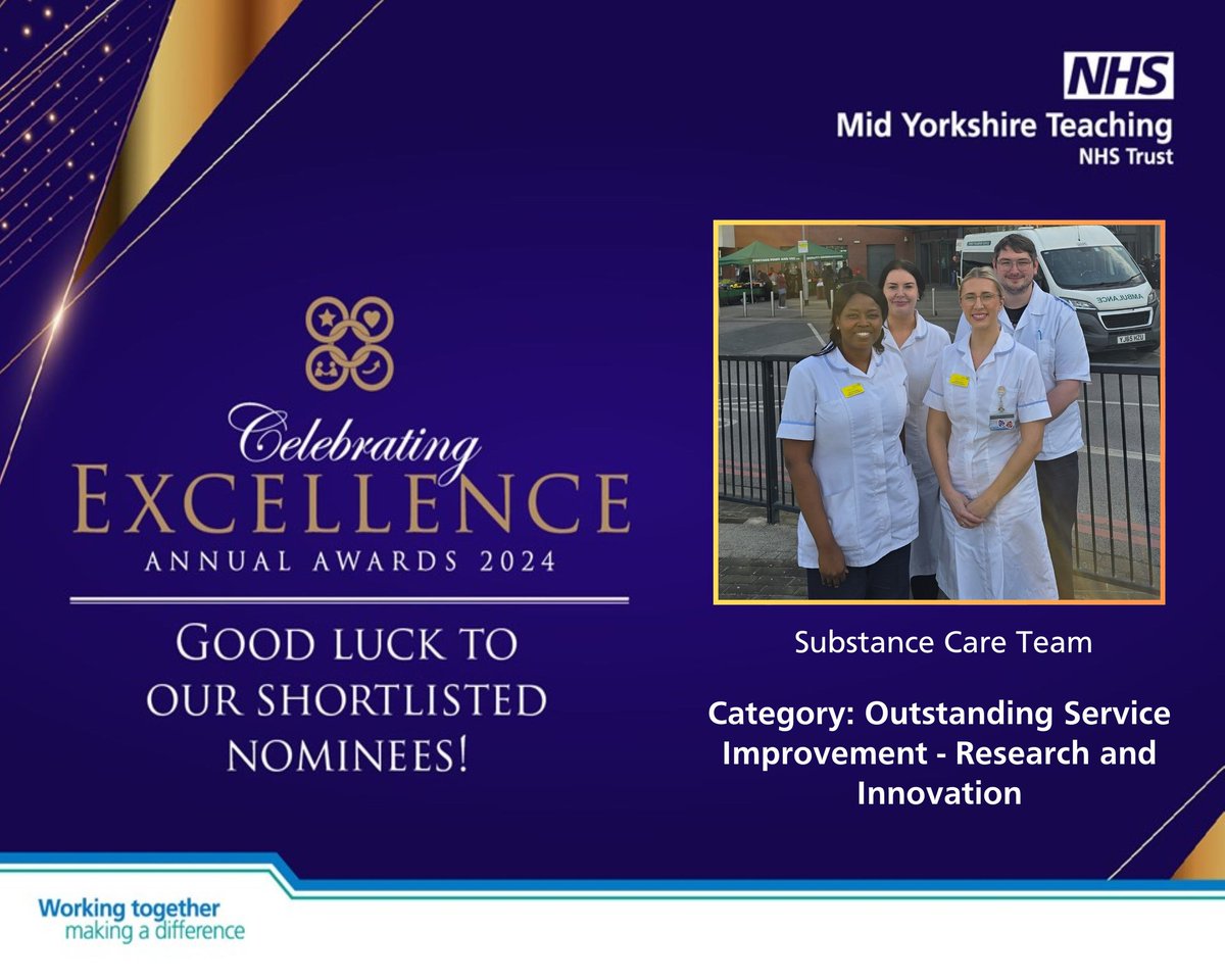 Our last nomination for #CE24 @MidYorkshireNHS is the Substance Care Team! You might recall them from earlier in the week. They have been shortlisted for 2 categories! This award focuses on their outstanding service improvements in the last 12 months. 👏👏 #NHS #AcuteCare