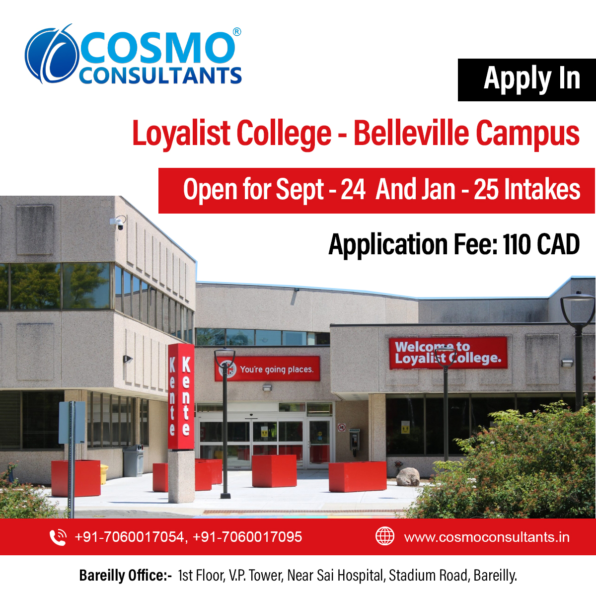 Exciting news! #LoyalistCollege - #BellevilleCampus is now accepting applications for both Sept-24 and Jan-25 intakes, with an application fee of just 110 CAD. Don't miss out on this opportunity! Get a free consultation with #CosmoConsultants : 7060017054, 7060017095. #Canada