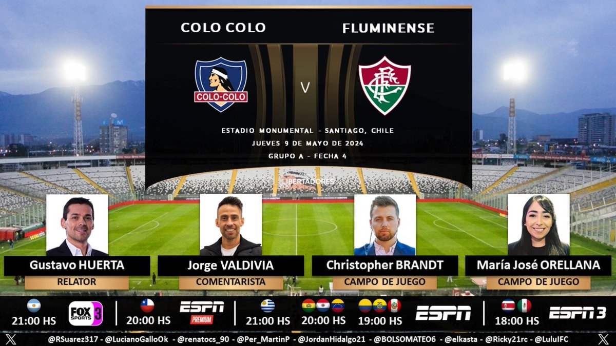 ⚽ #Libertadores | 🇨🇱 #ColoColo vs. #Fluminense 🇧🇷
🎙 Relator: @gustavohuerta
🎙 Comentarista: @el_mago_oficial
🎙️ CdJ: @ChrisBrandtR y @_majocl
📺 #FOX3 🇦🇷
📺 #ESPNPremium 🇨🇱
📺 #ESPN Sur (❌🇦🇷🇨🇱)
📺 #ESPN3 Norte
💻📱 @StarPlusLA
🤳 #LIBERTADORESxESPN - #GloriaEterna
Dale RT 🔃