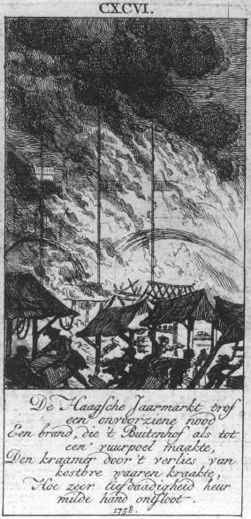 Op 9 mei 1758 brak ’s nachts een grote brand uit in de kermiskramen op het Buitenhof. afbeeldingen, collectie @haagsarchief