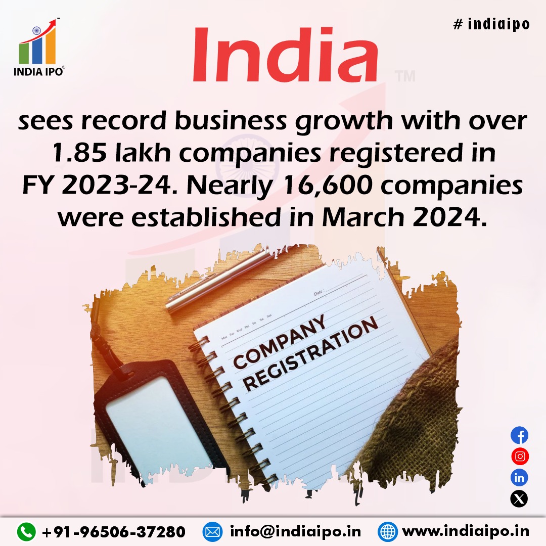 Breaking records in business growth 📈

India witnesses unprecedented success with over 1.85 lakh companies registered in FY 2023-24. March 2024 alone saw the establishment of nearly 16,600 new companies💼🌟

#indiaipo #IPO #initialpublicoffering #BusinessGrowth #Entrepreneurship