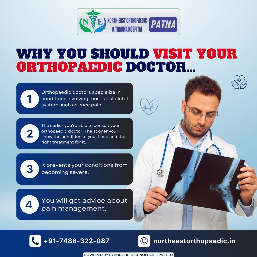 An #orthopaedicDoctor can diagnose and treat conditions affecting your bones, joints, and muscles. Early diagnosis can prevent problems from worsening and get you back on your feet faster.

☎+91-74883-22087
🌐northeastorthopaedic.in

#BoneHealth #JointCare #MuscleWellness #Patna
