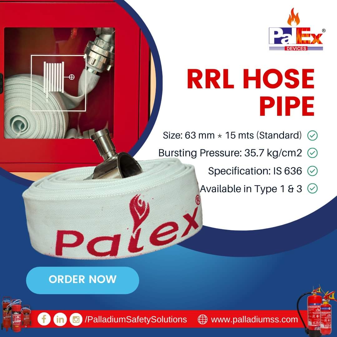 RRL Hose Pipe

- Size: 63 mm * 15 mts (Standard)
- Bursting Pressure: 35.7 kg/cm2
- Specification: IS 636
- Available in Type 1 & 3

#Palex #PalladiumSafetySolutions #FireSafetySolutions #FireSafety #fireprevention #FireProtection #FireDetection #RRLHosePipe