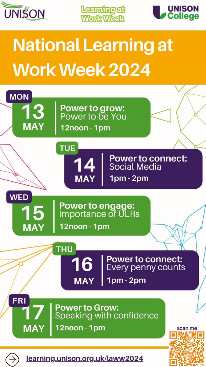 Good morning 💚 1 week to #LearningAtWorkWeek 2024!

With a new programme, advertising webinars and giving members a chance to win £100 in a @UNISONEastMids member survey. 

Also, @unisonlearning are advertising a series of webinars during the week.  See: learning.unison.org.uk/laww2024/