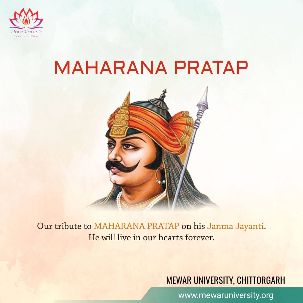 Celebrate the birth anniversary of Maharana Pratap, a paragon of bravery, honor, and indomitable spirit.

#YouthIcons #MaharanaPratap #MewarUniversity #TopUniversityInRajasthan #AdmissionOpen2024 #Education #BestUniversityInRajasthan #Wishes #KnowledgeToWisdom