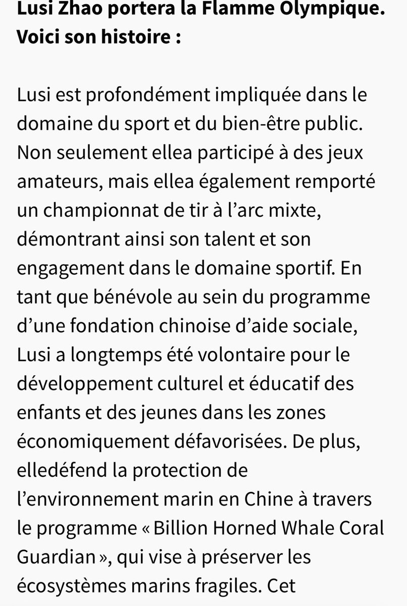 Lusi Zhao will be representing China to be one of the Torchbearers of the Olympic Games Paris 2024. Here is her story :

Lusi is deeply involved in the field of sport and public welfare. Not only did she participate in amateur games, but she also won a mixed archery championship,…