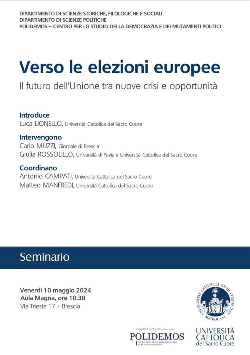 Oggi è la festa dell’Europa! Domani la celebreremo a Brescia con un occhio alle elezioni europee… @Unicatt @Polidemos_UCSC