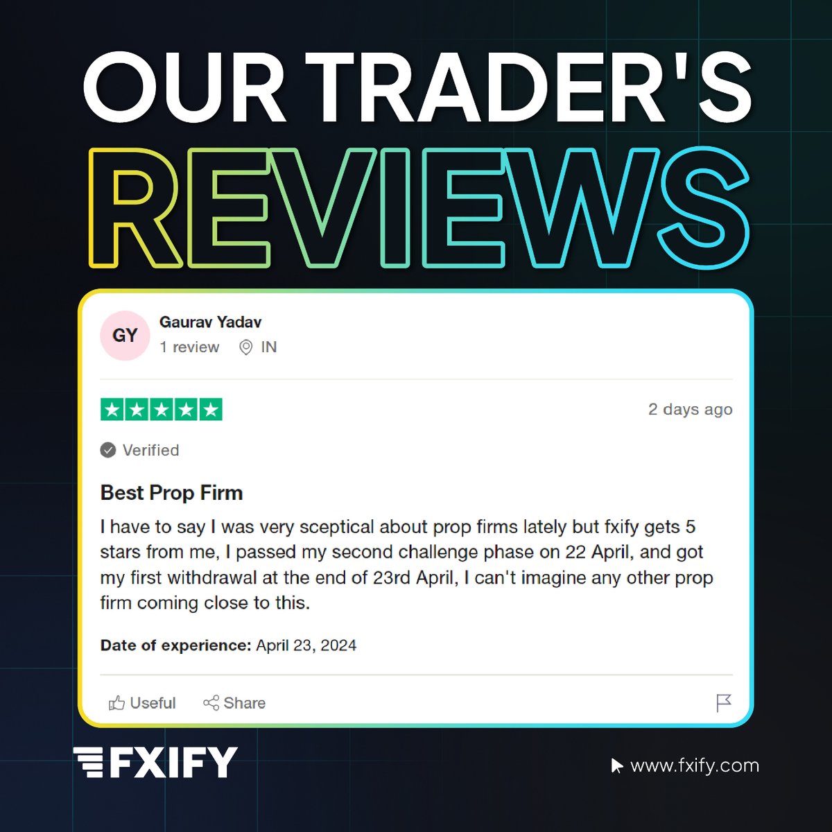 Thinking about trying a prop firm? Check out this fantastic review from Gaurav Yadav on Trustpilot! He shares his experience with passing the challenge phase and getting his first withdrawal quickly. FXIFY is the best💪!

#FXIFY #PropReview