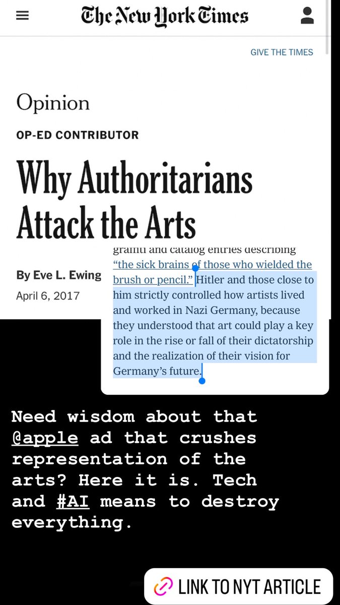 Why did @Apple do an ad that crushes the arts? Tech and #AI means to destroy the arts and society in general. This is not making things better. This is just making some people insanely wealthy, at the expense of all of us. “The love of money is the root of all evil” 1Tim 6:10.