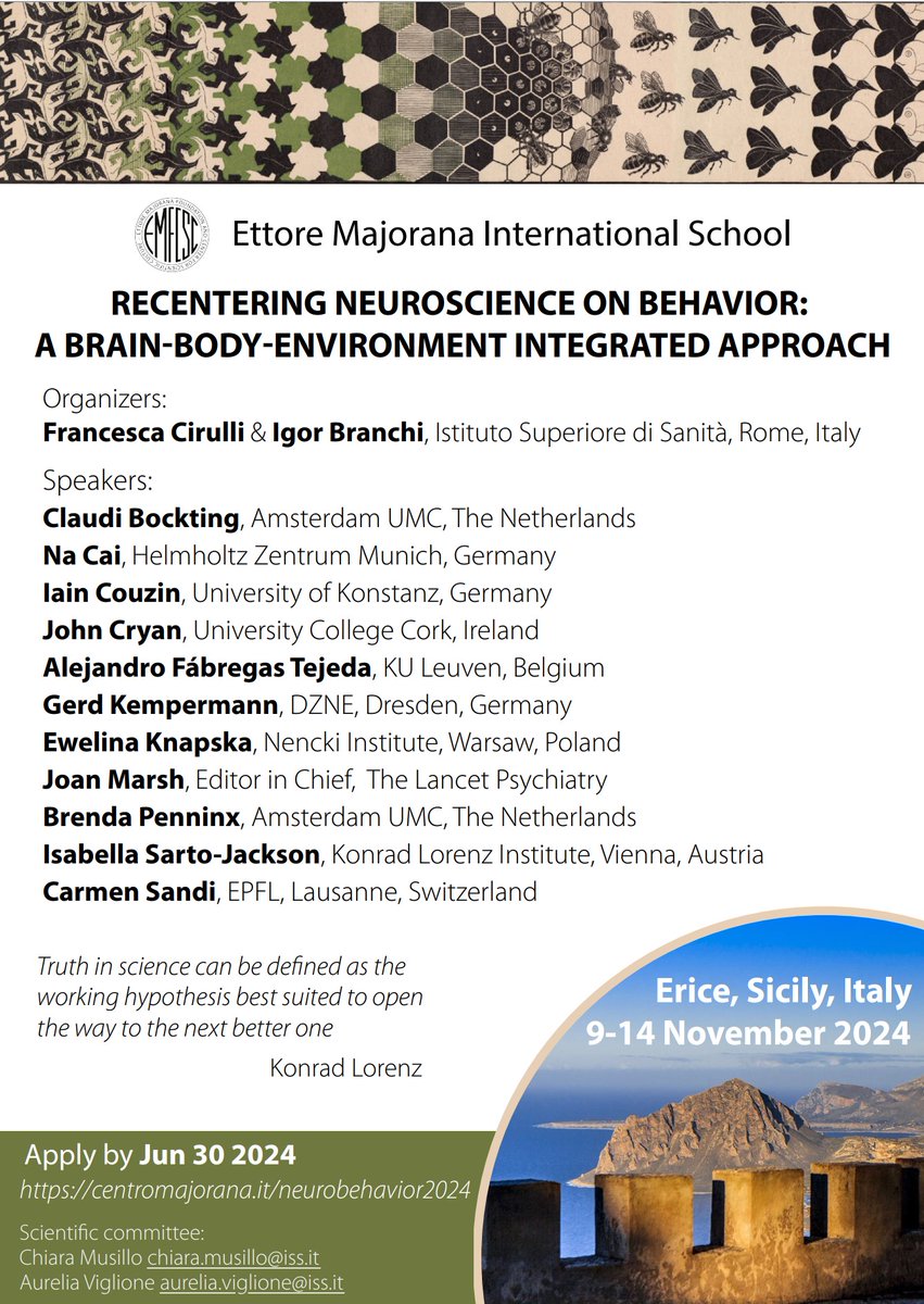 IgorBranchi's tweet image. Interested in the big picture to advance the understanding of the brain and mental health?

Join the School
RECENTERING NEUROSCIENCE ON BEHAVIOR: A BRAIN-BODY-ENVIRONMENT INTEGRATED APPROACH

Erice, Sicily, Italy Nov 9-14, 2024 
Apply now!
neurobehav2024.org