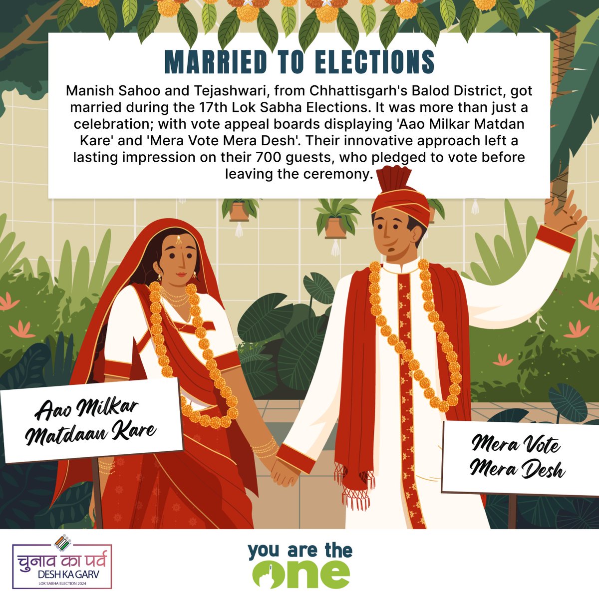 Love, vows, and voting! ✨ Manish and Tejashwari's wedding was more than a celebration – it was a call to action for democracy. With 'Aao Milkar Matdan Kare' echoing through the ceremony, they inspired their 700 guests to pledge to vote. Source: Belief in the Ballot, volume 2