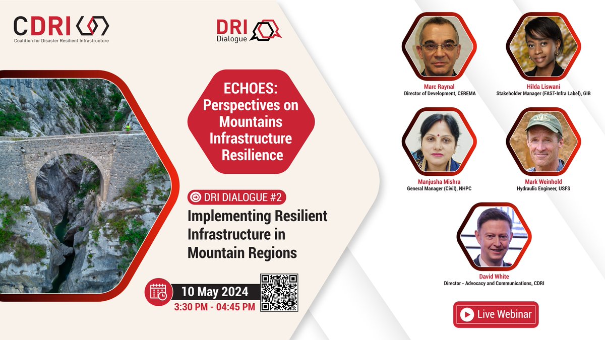 Our #DRIDialogue #2 on ⛰️#MRRP addresses inherent challenges, opportunities, and emerging trends in integrating #Resilience in #infrastructure planning & development across mountain regions globally. 📅 10 May 2024 🕞 3:30 PM IST Register here: us06web.zoom.us/webinar/regist…