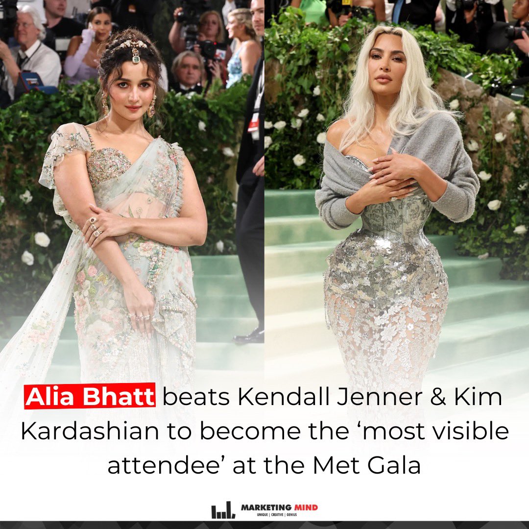 From May 6 to May 7, 2024 (at 1:30 PM), Alia was the “most visible attendee” at the Met Gala, with an estimated total Earned Media Value of $4.2 million.

#MarketingMind #WhatsBuzzing #MetGala #AliaBhatt