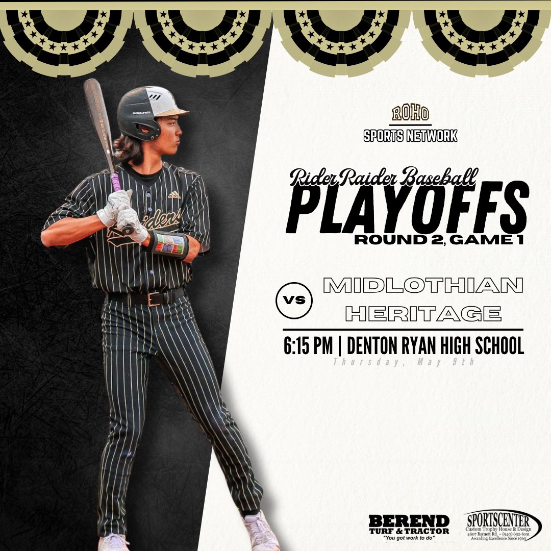 Playoff Baseball continues tonight!

Round 2, Game 1 vs. Midlothian Heritage

Broadcast begins at 6:15 - Live from Denton, Texas!

Tune in at ROHOSportsNetwork.com

#ROHO | #OFOT | #Team62