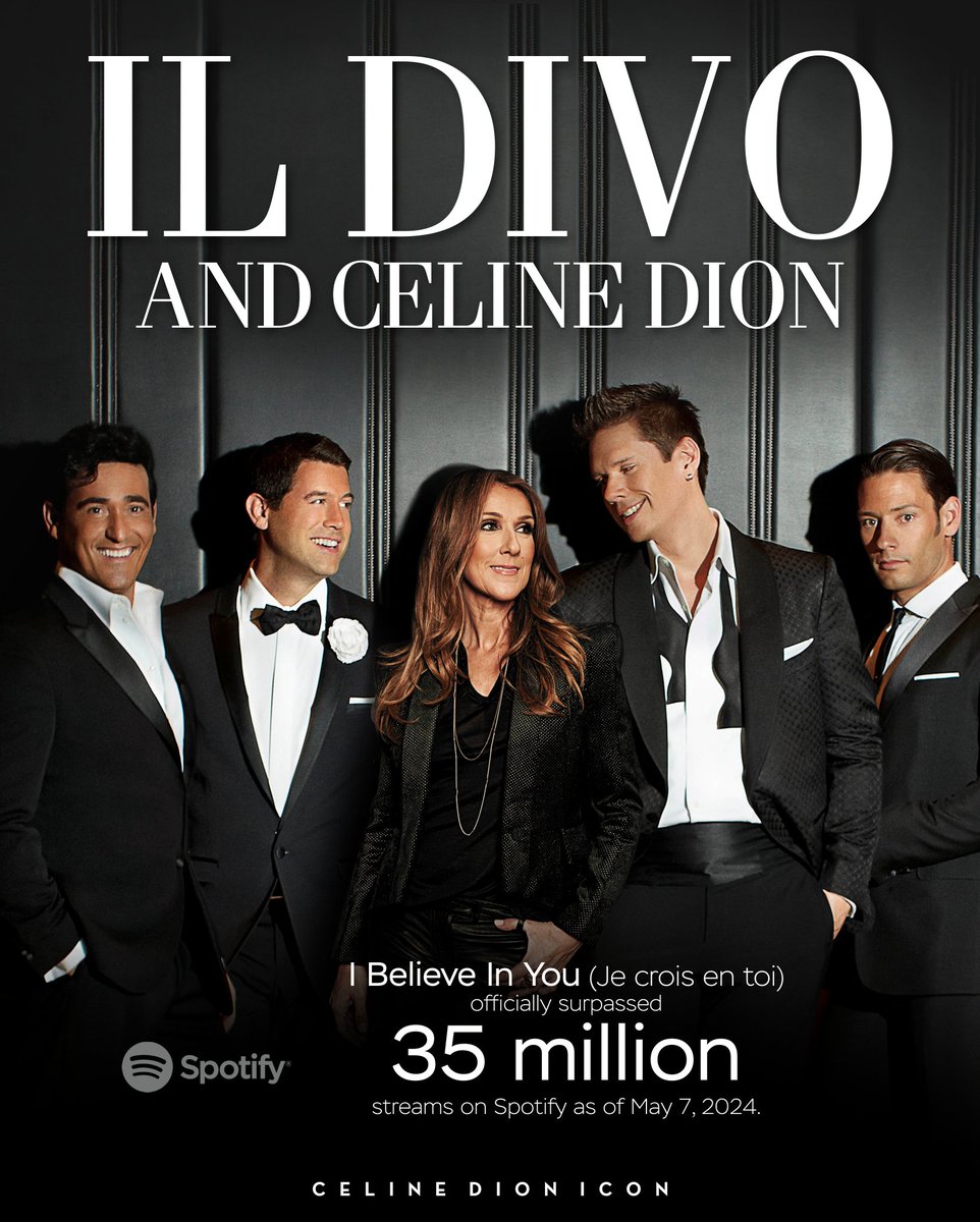 The single 'I Believe in You (Je crois en toi)' with #CelineDion  from @ildivoofficial  album ANCORA officially surpassed 35 million streams on #Spotify dated 05.07.24

Artwork by @GFXblacktooth