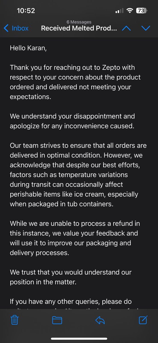 hasejakaran's tweet photo. @ZeptoNow @zeptocares @v0hra  @aadit_palicha I would like to bring to your attention this experience of mine with your customer support team and grievance redressal team. I received my zepto order an hour late and completely melted products.

1/4 https://t.co/0IFz9bfXXw