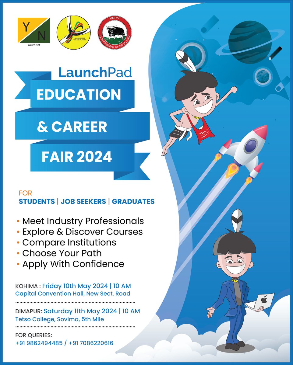 Never Out of Options! Open for all Students, Graduates & Job Seekers for the upcoming LaunchPad Education & Career Fair 2024. Join us in Kohima & Dimapur! #YouthNet #LaunchPadNagaland #EducationandCareerFair #YouthNetNagaland