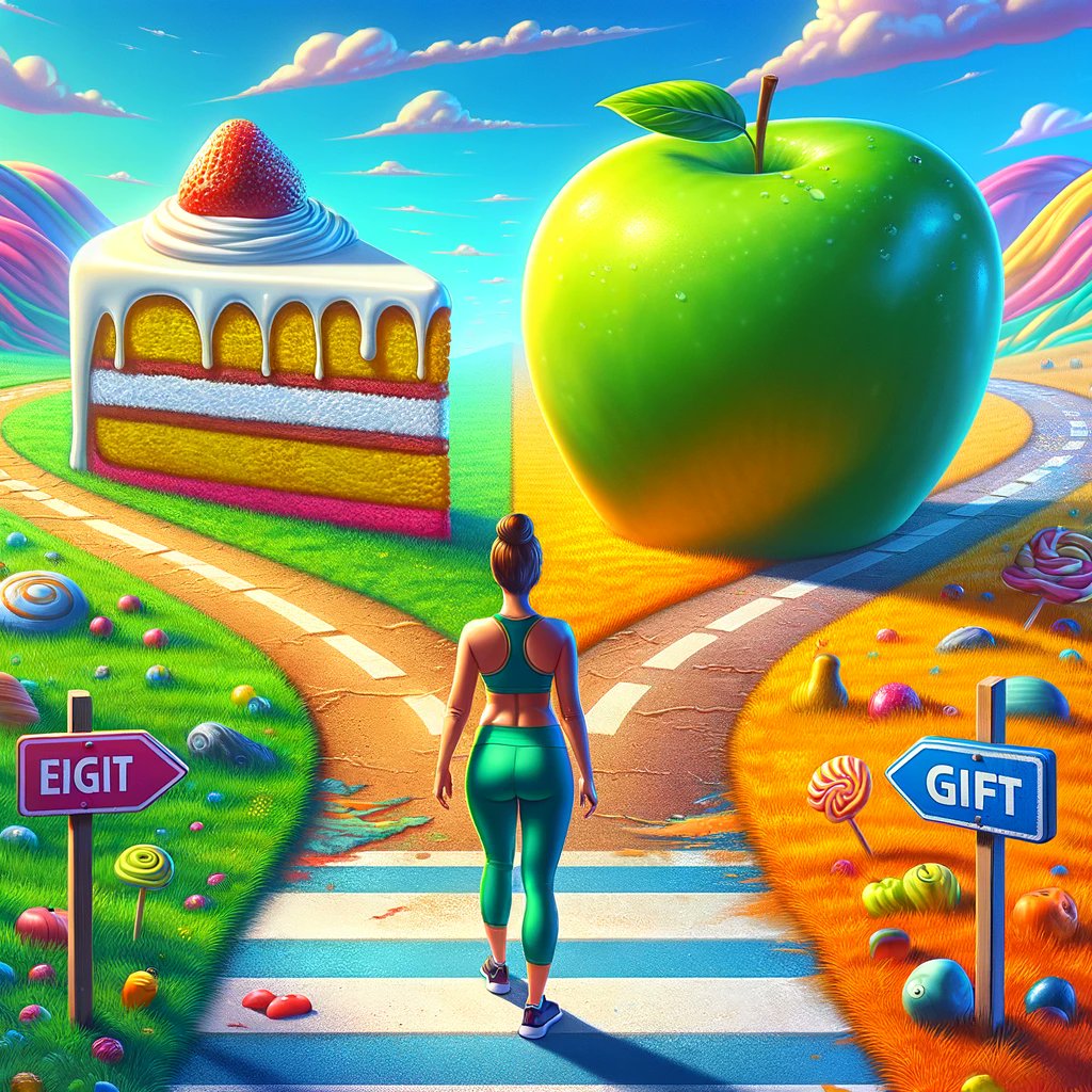 Choices, choices! 🍰🍏 Standing at a crossroad between indulgence and health. #HealthyLiving #FoodChoices #DecisionsDecisions #DigitalArt