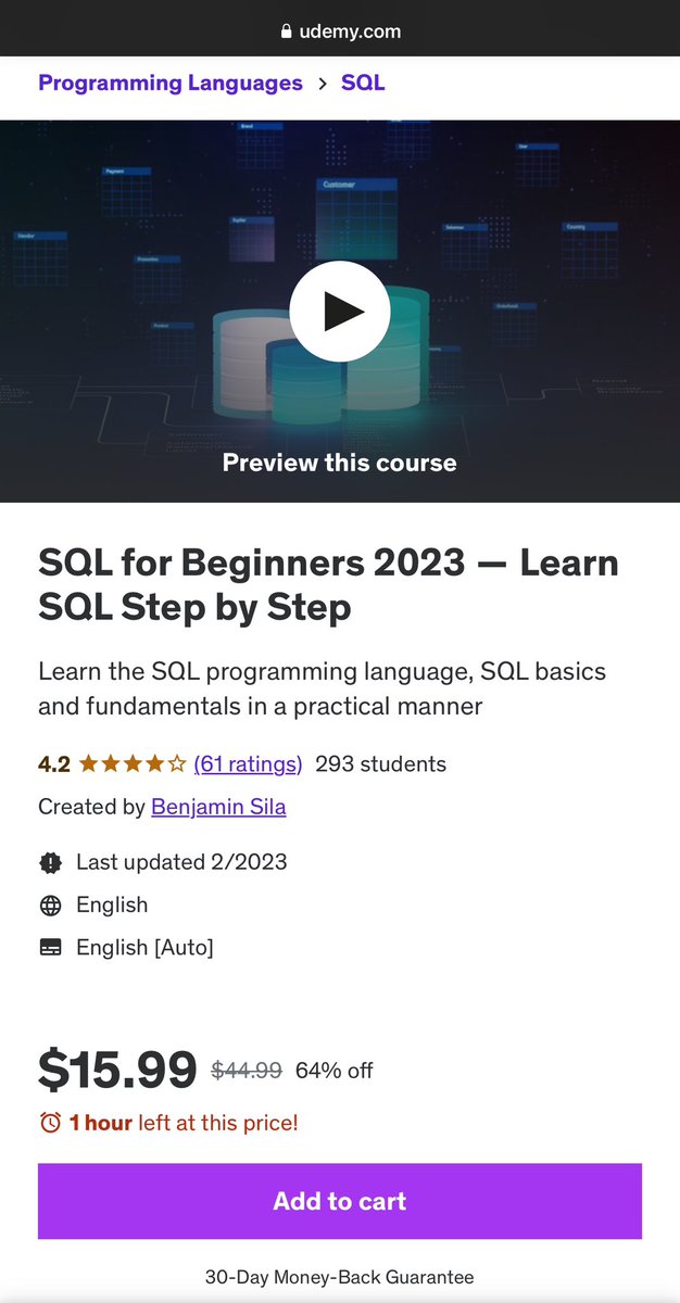 BenjaminsMutuku's tweet image. SQL for Beginners 2023  —  Learn SQL Step by Step #sql #udemy #sqlcourse 

udemy.com/course/sql-for…