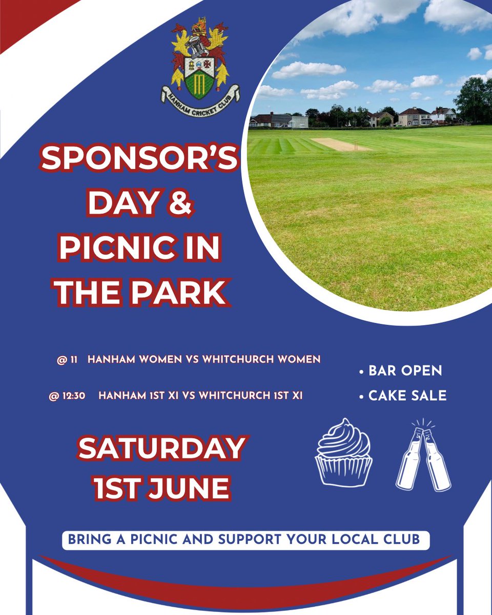 Hanham CC are excited to announce that on Saturday 1st June it will be our Sponsor’s Day and Picnic in the Park. As well as this, the bar will be open, cake sale & refreshments will be sold. Bring a picnic and support your local cricket club. #hanhamcc