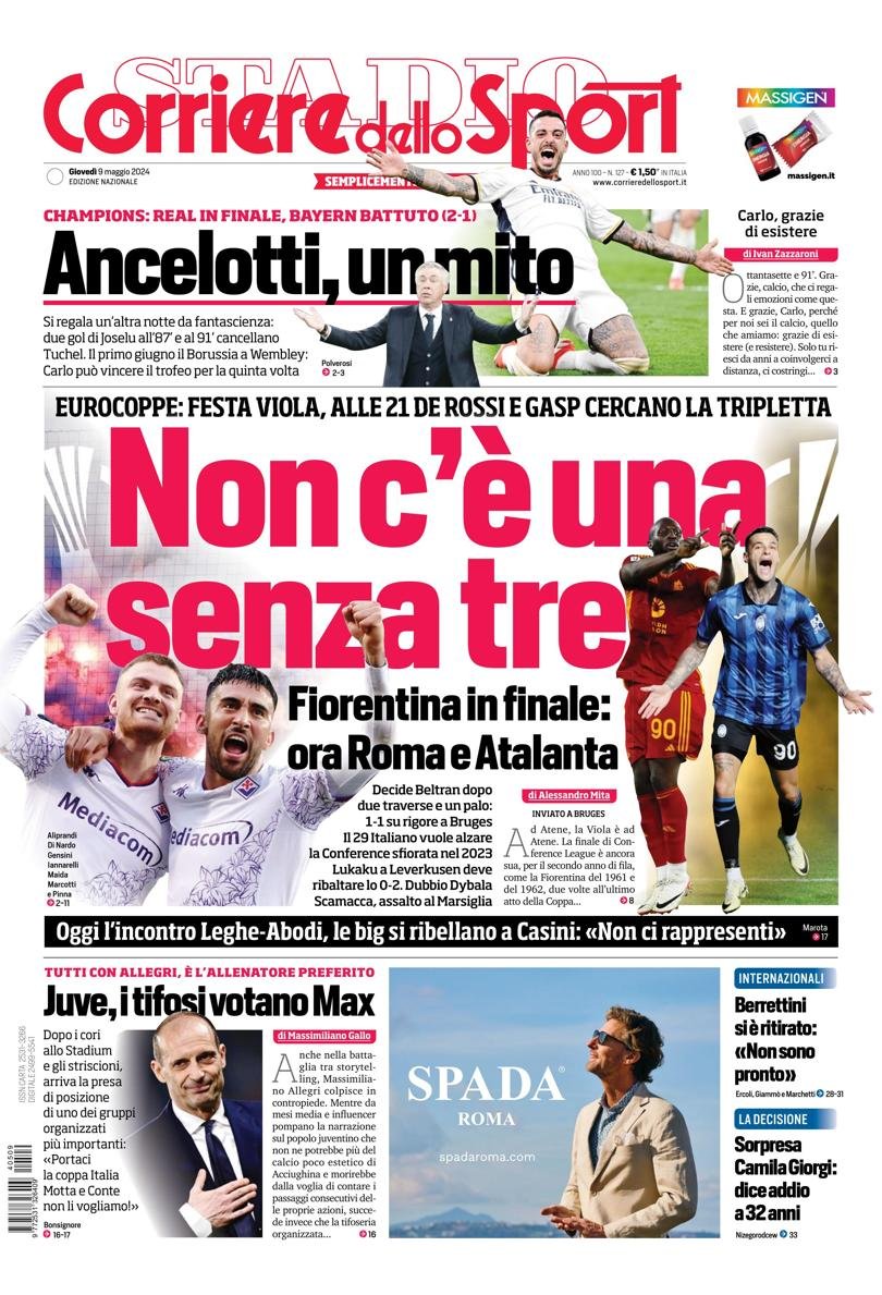 leodiby's tweet photo. Buongiorno e buon giovedi a tutti, le prime pagine dei giornali di oggi 9 maggio 2024

Tuttosport - "Vi portiamo al mercato di Giuntoli"

Corriere dello Sport - "Non c'è una senza tre"

Gazzetta dello Sport - "E una!"

⚪️⚫️ Fino alla Fine Forza Juventus ⚪️⚫️ https://t.co/iP2Yx9Zak1