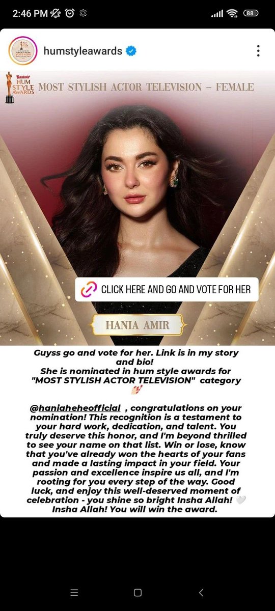 Guyss is in my bio on Instagram! Go and vote for her! She deserves both the awards! 🥺🤍
.
#HaniaAamirDeservesAward #HumStyleAwards #HaniaAamir