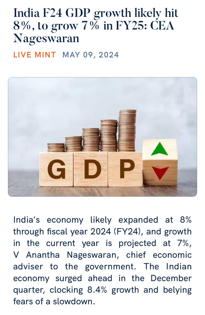 India F24 GDP growth likely hit 8%, to grow 7% in FY25: CEA Nageswaran
 livemint.com/economy/india-…